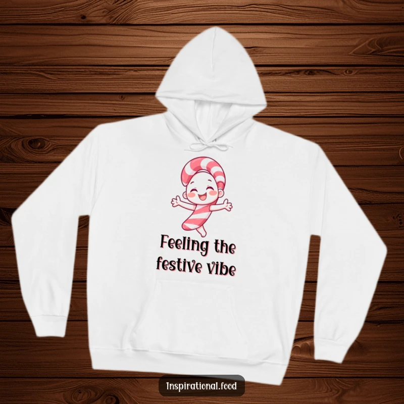 Funny candy cane hoodie featuring a smiling character joyfully twirling, offering warmth and festive humor for the holiday season.