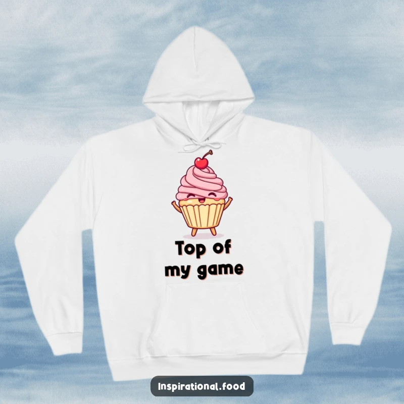 Funny happy cupcake hoodie, a bouncing dessert with a cherry, warm and cute clothing.
