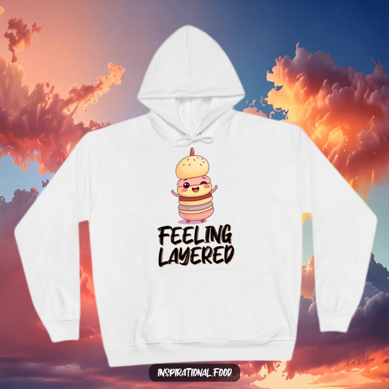 Funny hoodie showcasing a cheerful macaron tower in a delighted, wobbly spinning motion, offering cozy, humorous dessert joy.