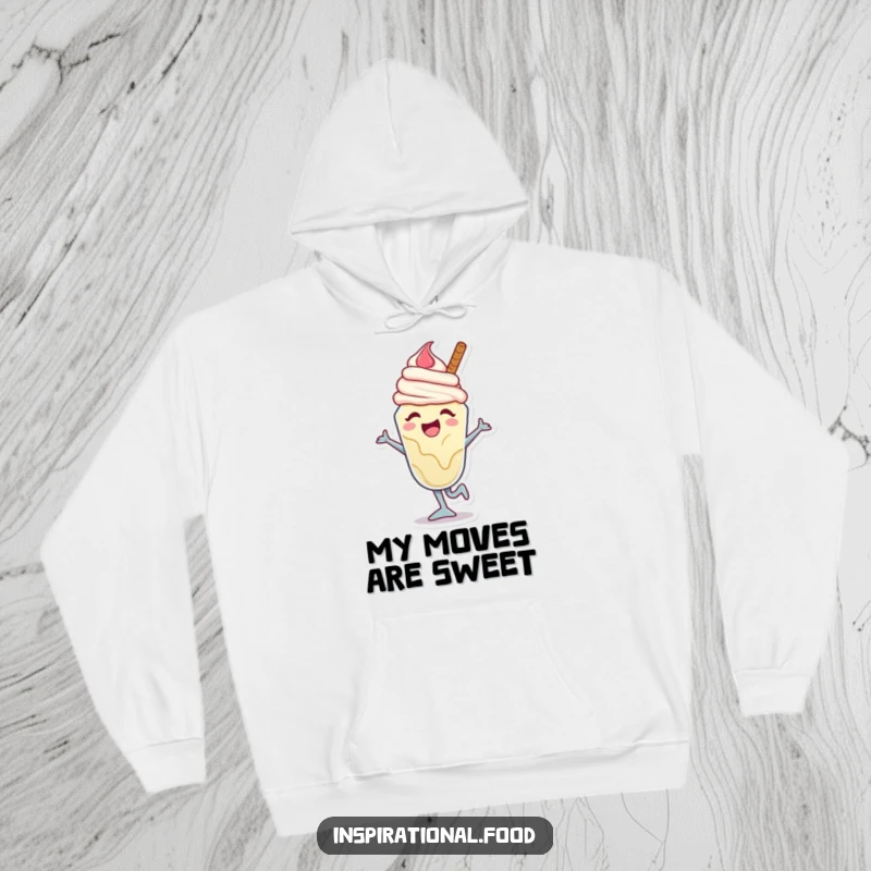 Funny ice cream sundae hoodie with a joyful character captured mid-dance move, perfect for cozying up and grooving.