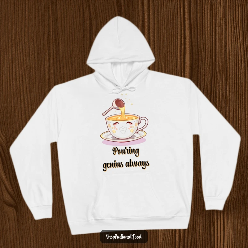 Funny hoodie depicting a shining teacup character with a sparkling ladle pouring a shower of innovative ideas, for cozy brainstorming.