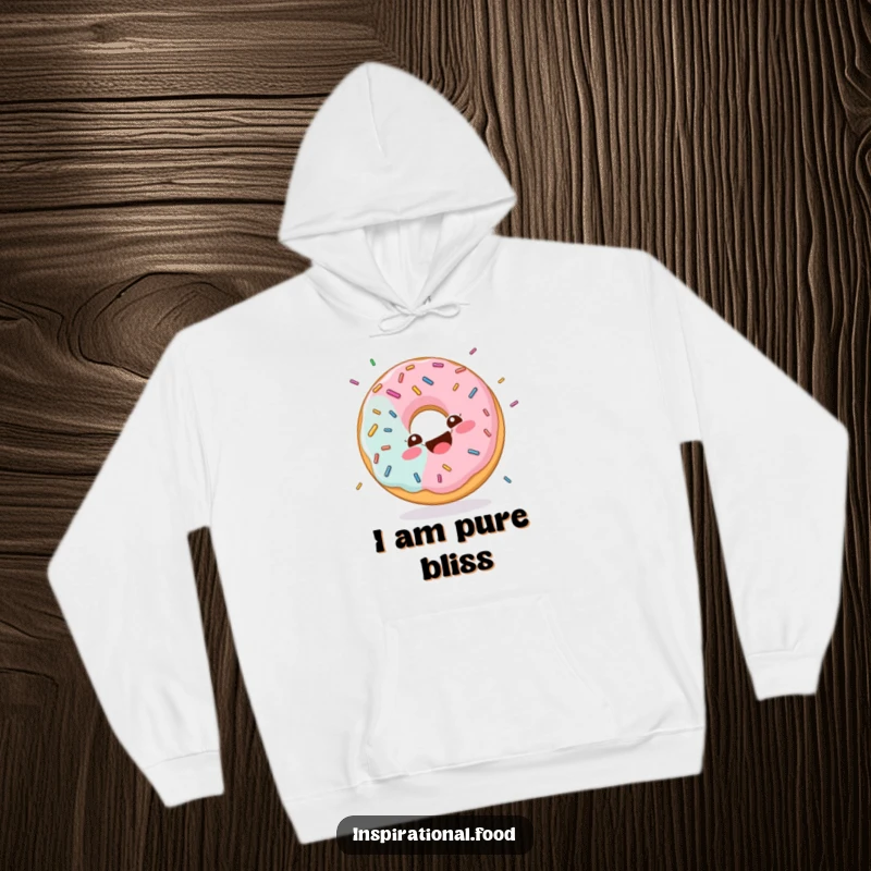 Funny hoodie featuring a happy donut character with a swirl, giggling heartily while covered in colorful sprinkles, perfect for sweet lovers.