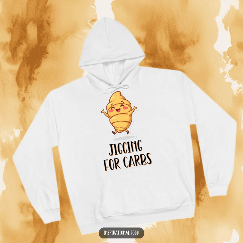 Funny hoodie with a joyous croissant character doing a little jig, offering cozy and delicious pastry vibes.
