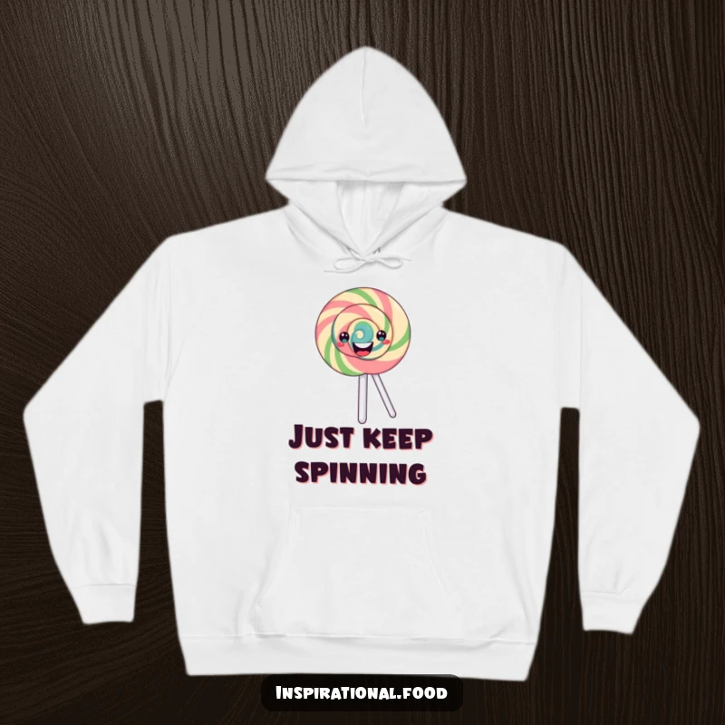 Funny swirling lollipop hoodie showcasing a happy, merrily spinning character, offering cozy and humorous candy-themed comfort for all.