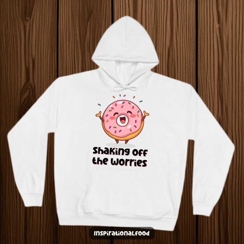 Funny happy donut on a hoodie, wiggling enthusiastically with sprinkles flying, a warm and comical design.