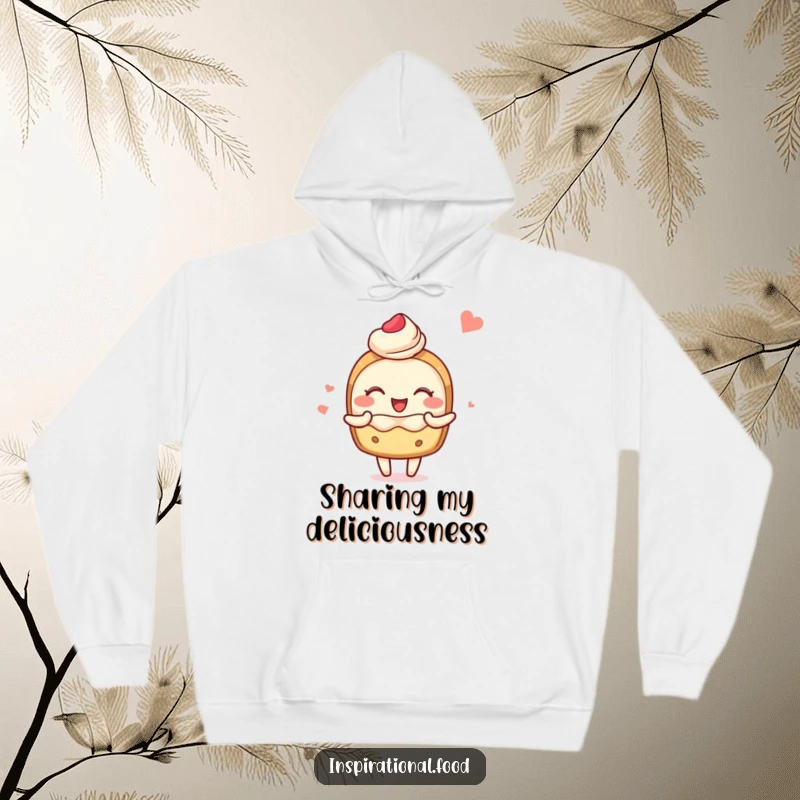 Funny hoodie featuring a blushing pastry character sharing food imagery with joy, combining comfort and cheerful vibes.
