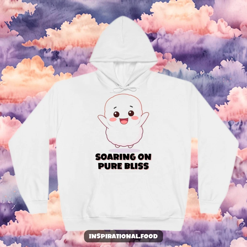 Funny hoodie featuring a fluffy marshmallow character in a joyful bounce, offering cozy warmth and playful, happy vibes.