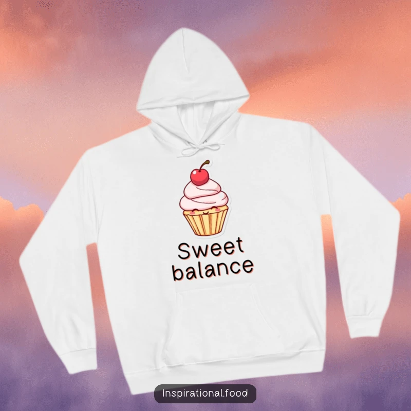 Funny Hoodie: A smiling cupcake character with a cherry balanced on its head, designed for cozy, sweet moments.