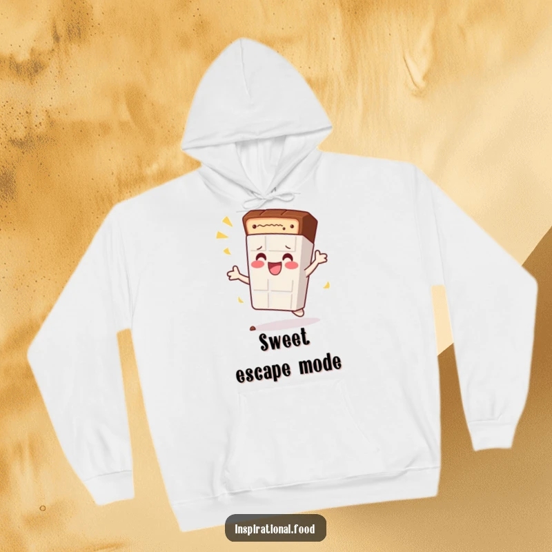 Funny hoodie showing a content chocolate bar character doing a celebratory spin, providing warmth and a sweet chuckle.