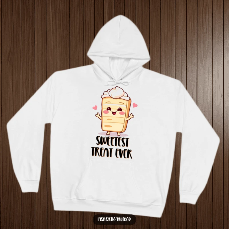 Funny hoodie with a giggling slice of cake character sharing a delightful recipe, offering warmth and baking inspiration.