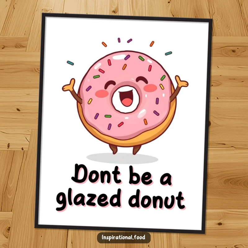 Funny Free Printable Wall Art: An enthusiastic donut performing a happy wiggle with sprinkles shaking off, a delightful decor piece.