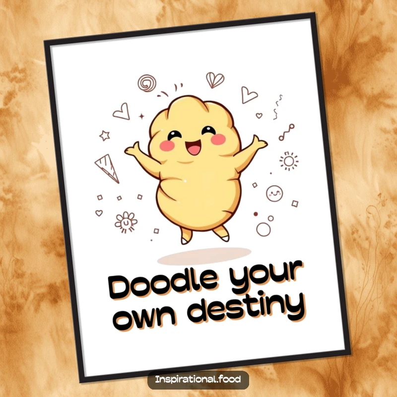 Funny Free Printable Wall Art: Bubbly croissant character doing a joyful twirl, surrounded by vibrant artistic doodles.