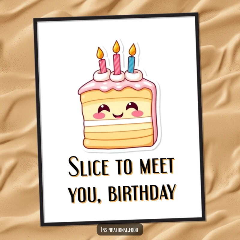 Funny Free Printable Wall Art: A smiling birthday cake slice with candles is looking inspired, bringing festive cheer.
