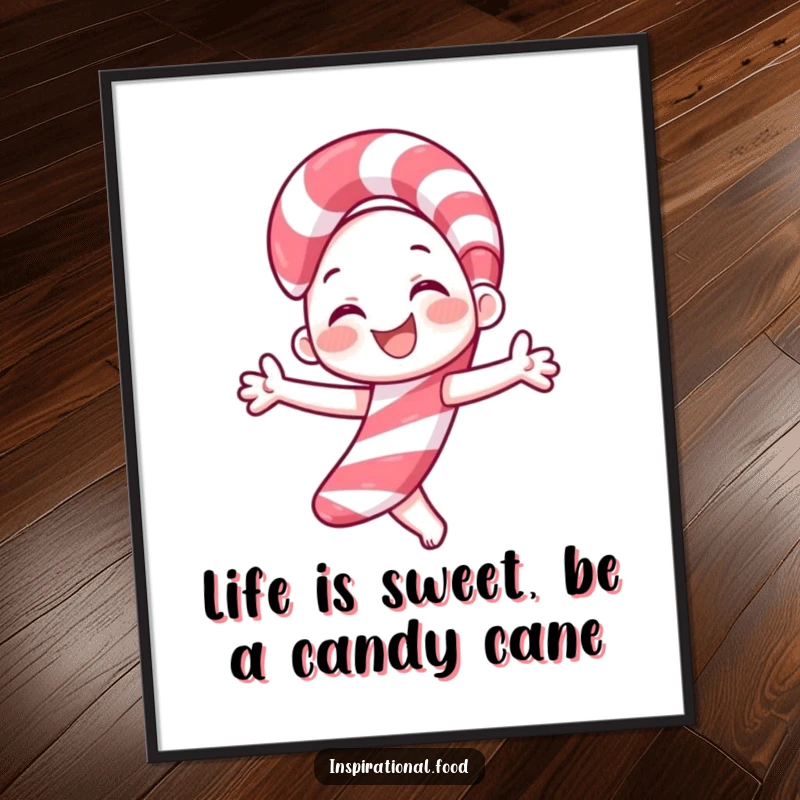 Funny Free Printable Candy Cane Wall Art: A smiling candy cane character joyfully twirling, adding a vibrant and sweet touch to any room.