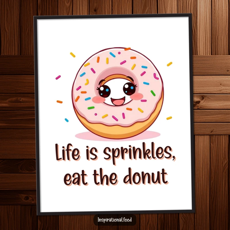 Funny Free Printable Donut Wall Art: A grinning donut character scattering colorful sprinkles, bringing vibrant and joyful energy to any room.