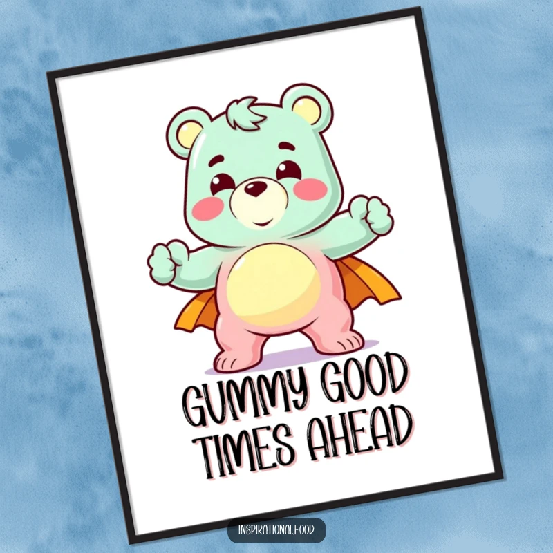 Funny Free Printable Wall Art: A delighted gummy bear character strikes a heroic pose, adding playful energy.