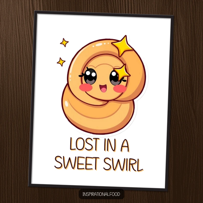 Funny Free Printable Wall Art: A stylized caramel swirl character spins enthusiastically with wide, starry eyes, a fun visual treat.