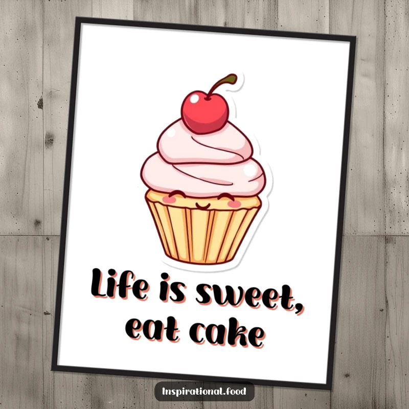 Funny Free Printable Wall Art: A smiling cupcake character with a bright red cherry perfectly balanced on its head, a humorous and sweet downloadable art piece.