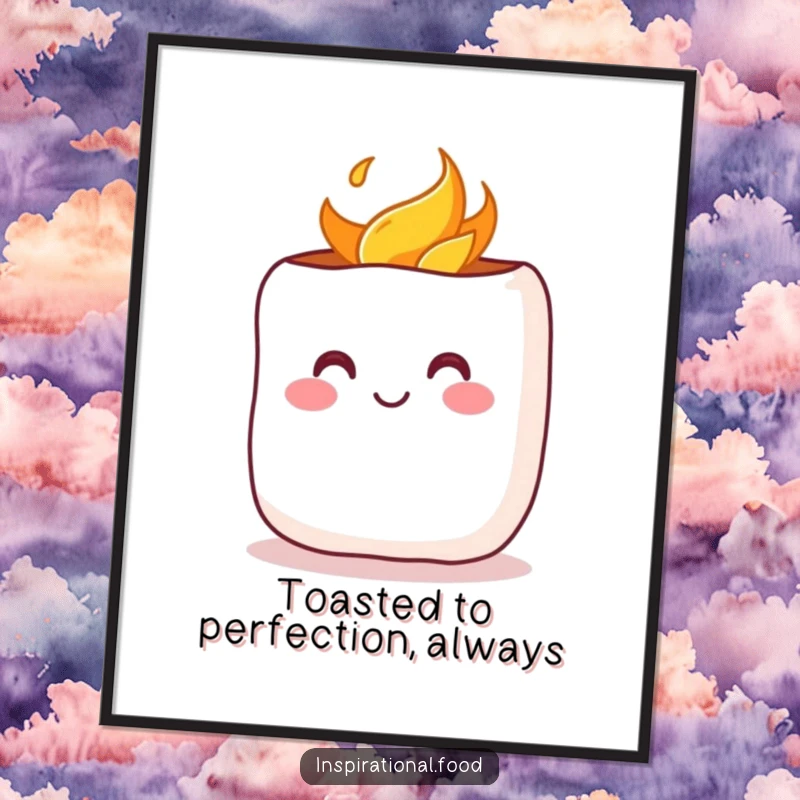 Funny Free Printable Wall Art: A blushing marshmallow cheerfully being toasted, radiating warmth, comfort, and sweet appeal.