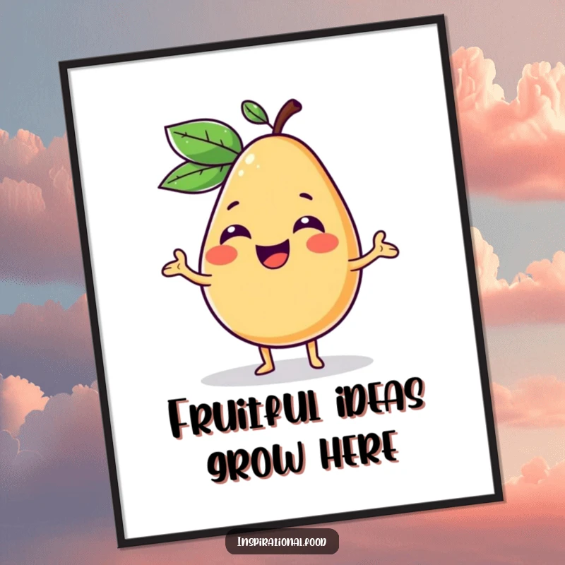 Funny Free Printable Wall Art: A giggling fruit character excitedly presenting a bold and imaginative food concept.