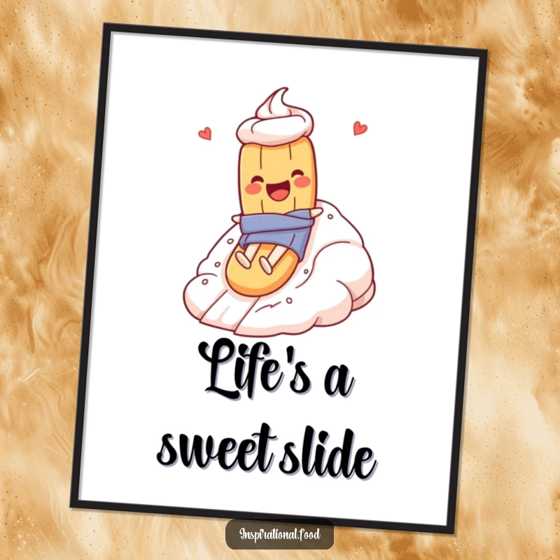Funny Free Printable Wall Art: A baguette character joyfully slides down a vast meringue mountain, creating sweet wall art.
