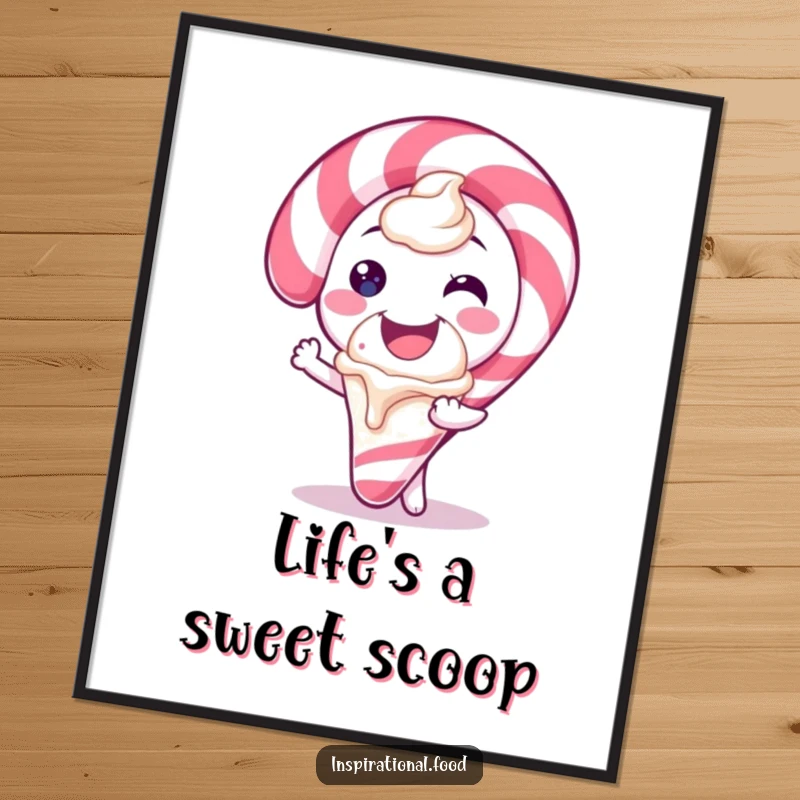 Funny Free Printable Wall Art: A candy cane character with a friendly smile offers a scoop of ice cream, creating whimsical decor.
