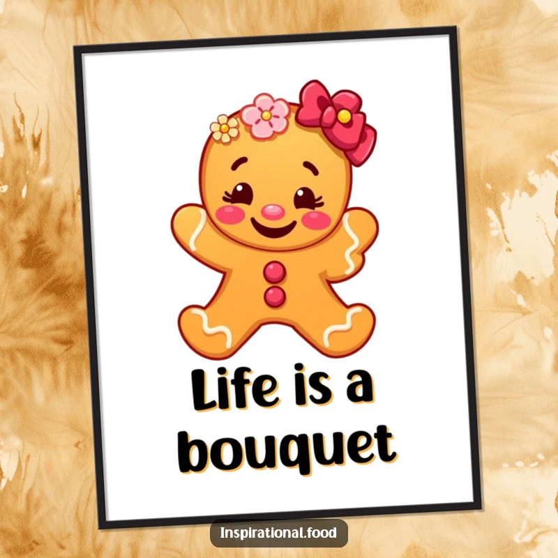 Funny Free Printable Wall Art of a smiling gingerbread man holding a beautiful flower, adding a cheerful vibe to any decor.