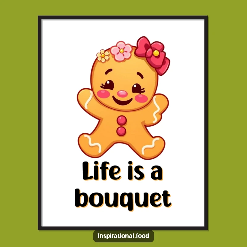 Funny Free Printable Wall Art: Grinning Gingerbread Man Decorates with Flowers Downloadable
