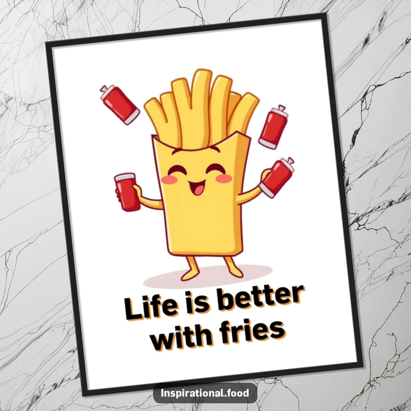 Funny Free Printable Wall Art: Giggling french fry character juggling multiple tiny ketchup packets with flair.