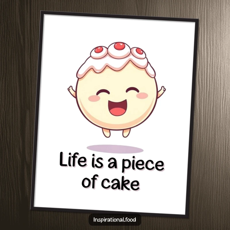 Funny Free Printable Wall Art of a round cake character levitating with a delighted expression, a whimsical downloadable decoration.