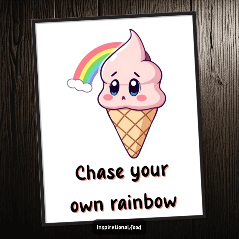 Funny Free Printable Wall Art: An ice cream cone character's eyes are wide with surprise at a majestic rainbow.