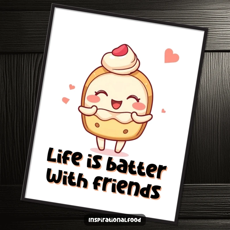 Funny Free Printable Wall Art: A blushing pastry character joyfully sharing colorful and delightful food imagery.