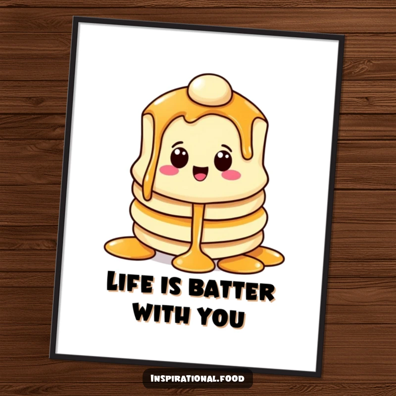 Funny Free Printable Wall Art: Beaming pancake character happily enjoying a large cascade of syrup.