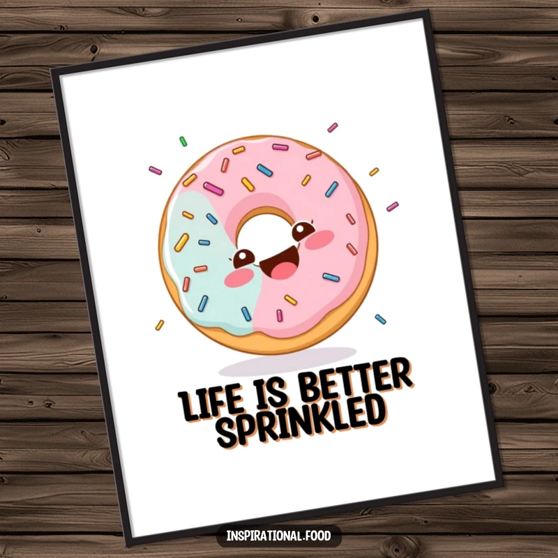 Funny Free Printable Wall Art: A happy donut character giggles under a cascade of colorful sprinkles, creating joyful decor.