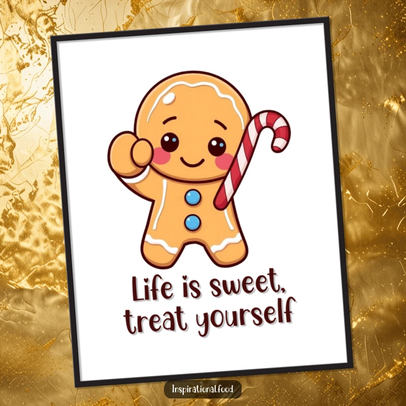 Funny free printable wall art: A happy gingerbread cookie character with a candy cane arm waves hello, bringing festive charm.