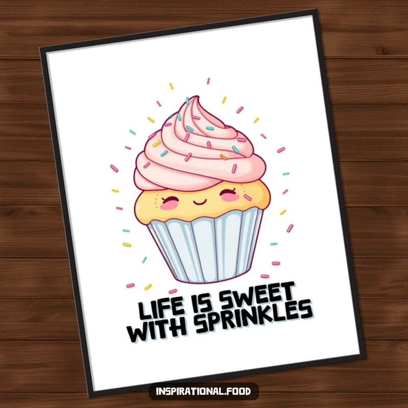 Funny Free Printable wall art depicting a delighted cupcake blissfully dreaming of a magical candy sprinkle shower.