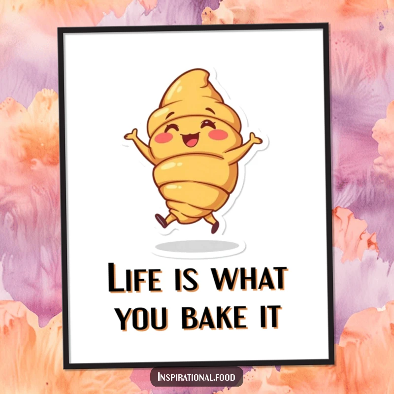 Funny Free Printable Wall Art: Joyful croissant character performing a lively little dance.