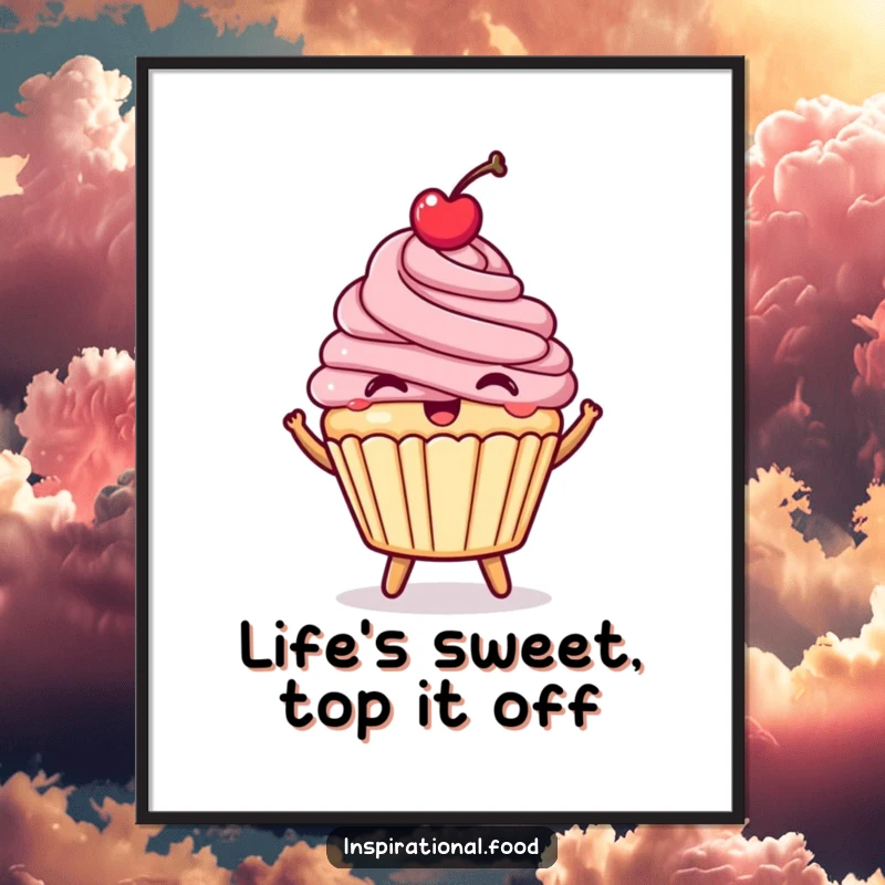 Funny Free Printable Wall Art: A happy cupcake with a cherry on top shown joyfully bouncing, full of sweet energy.