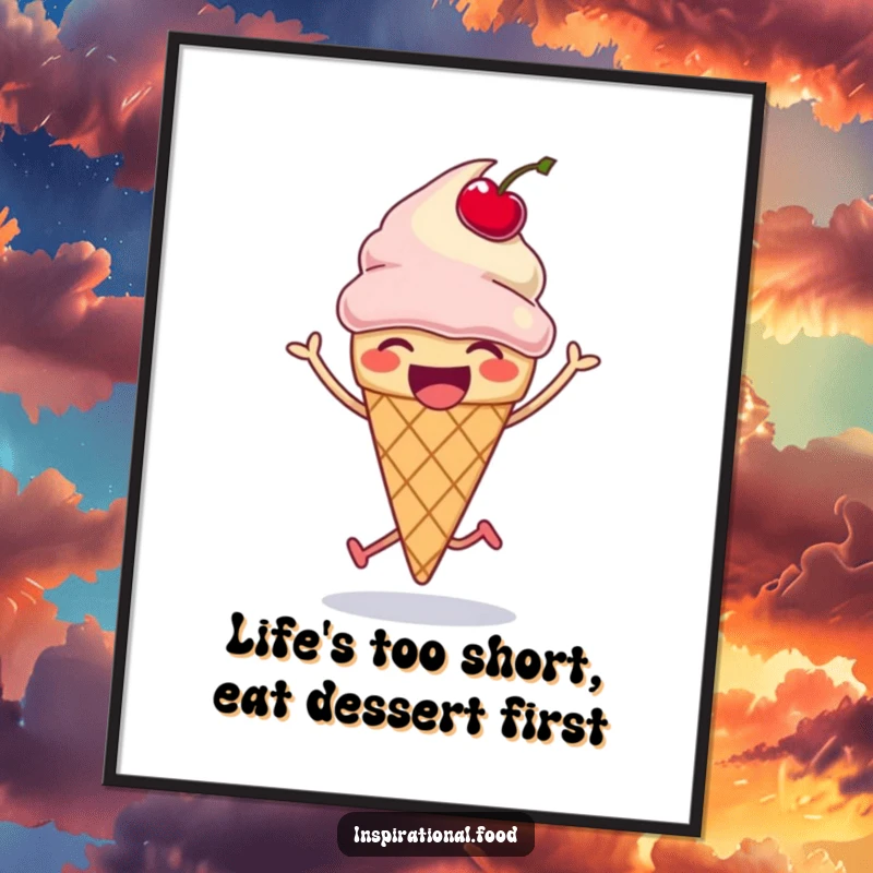 Funny Free Printable Wall Art: A laughing ice cream cone does a silly hop, cherry bouncing with glee.