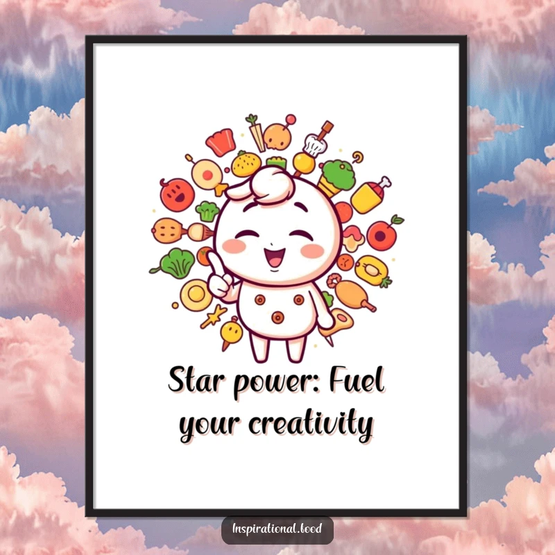 Funny Free Printable Wall Art: Winking character surrounded by a starburst of creative, colorful food icons.