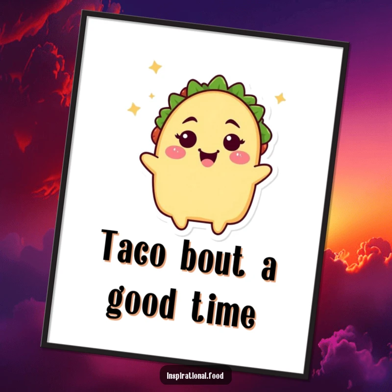 Funny Free Printable Wall Art: Beaming taco character winking with a sprinkle of fun, adding zest.