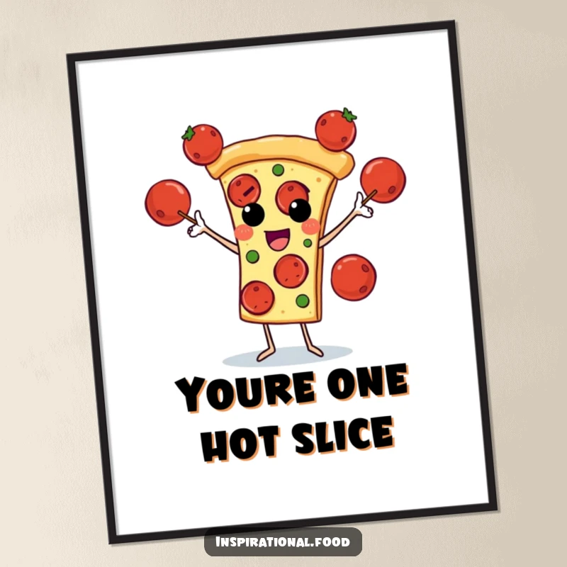 Funny Free Printable Wall Art: A pizza slice character skillfully juggling pepperoni pieces, a foodie delight.