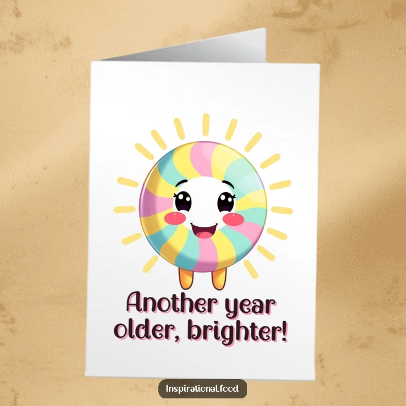 Funny Free Printable Birthday Card: Smiling candy character glowing with bright, colorful energy, ready to party.