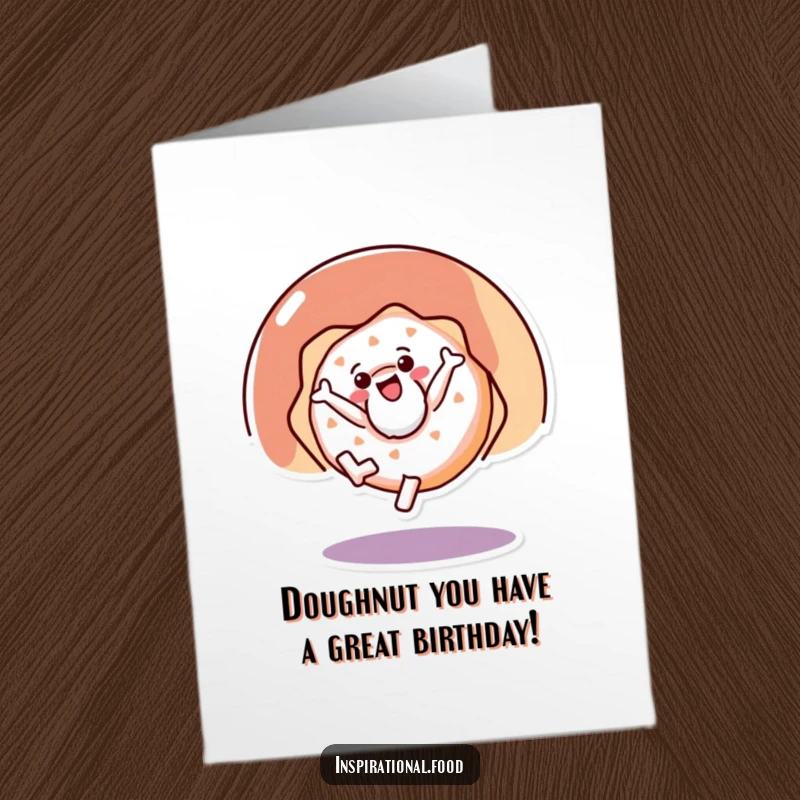 Funny Free Printable Birthday Card: A joyful doughnut character performing an energetic cartwheel, spreading cheer instantly.