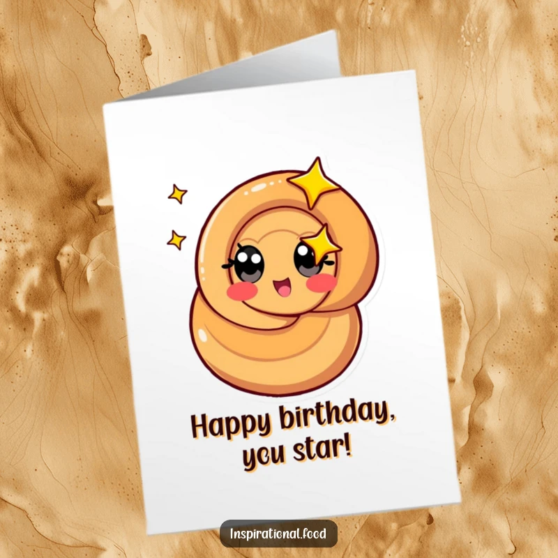 Funny Free Printable Birthday Card: Stylized caramel swirl character spins with starry eyes, capturing birthday excitement.
