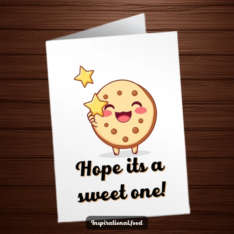 Funny Free Printable Birthday Card: A joyous cookie character holding a glowing star, symbolizing inspiration and good wishes.