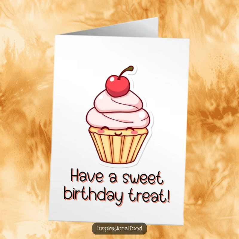 Funny Free Printable Birthday Card: Smiling cupcake character with cherry on head, a cheerful and downloadable birthday greeting.