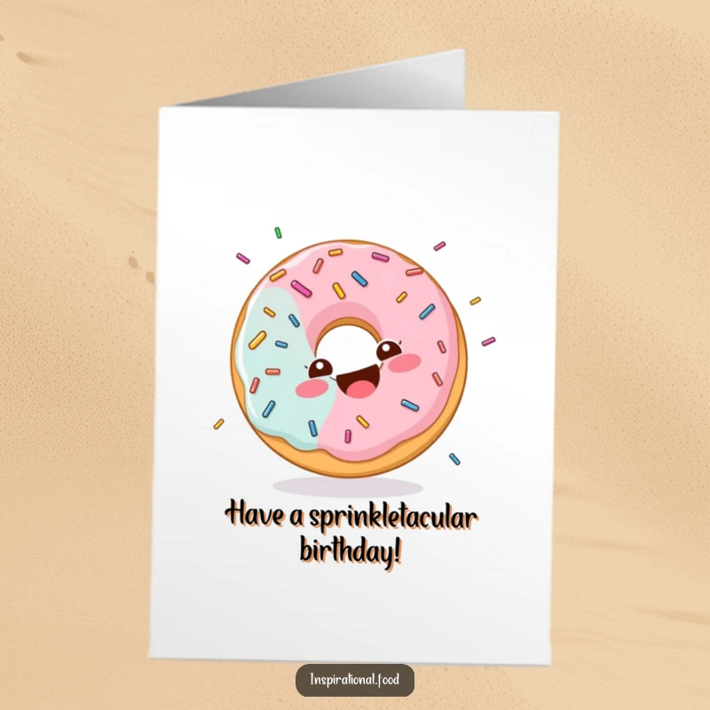 Funny Free Printable Birthday Card: Happy donut character giggles while being showered in colorful sprinkles for a birthday.