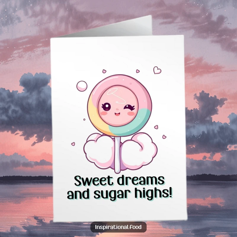 Funny Free Printable Birthday Card: Dreamy lollipop character blissfully floating on a fluffy cotton candy cloud.