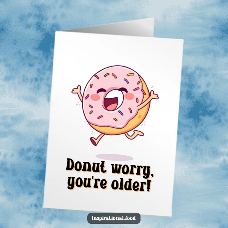 Funny Free Printable Birthday Card: Ecstatic donut with sprinkles mid-leap, spreading joy and sweetness on a blank greeting card.